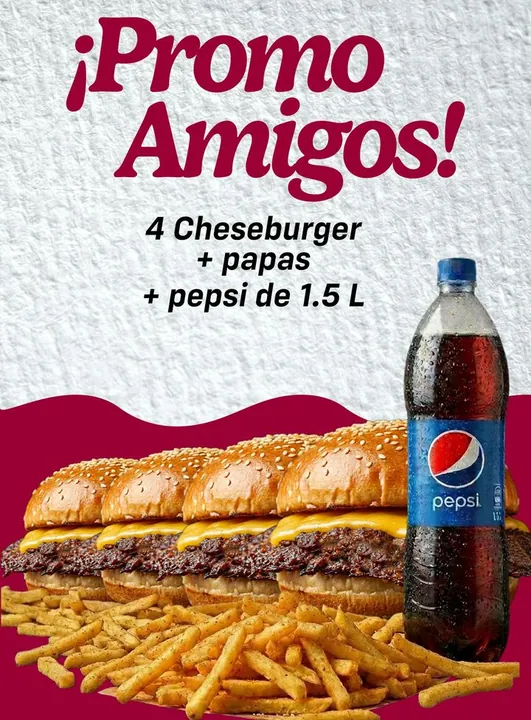 Promo Promo Amigos: 4 cheeseburgers + papas + Pepsi 1,5 L a $29.900